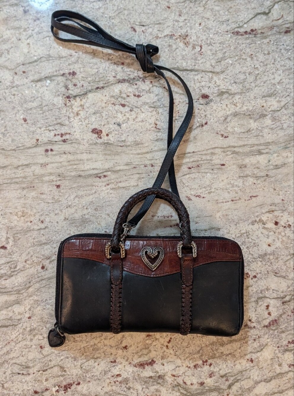 Brighton Black & Brown Croc Embossed Braided Leather Hearts Wallet Crossbody VTG